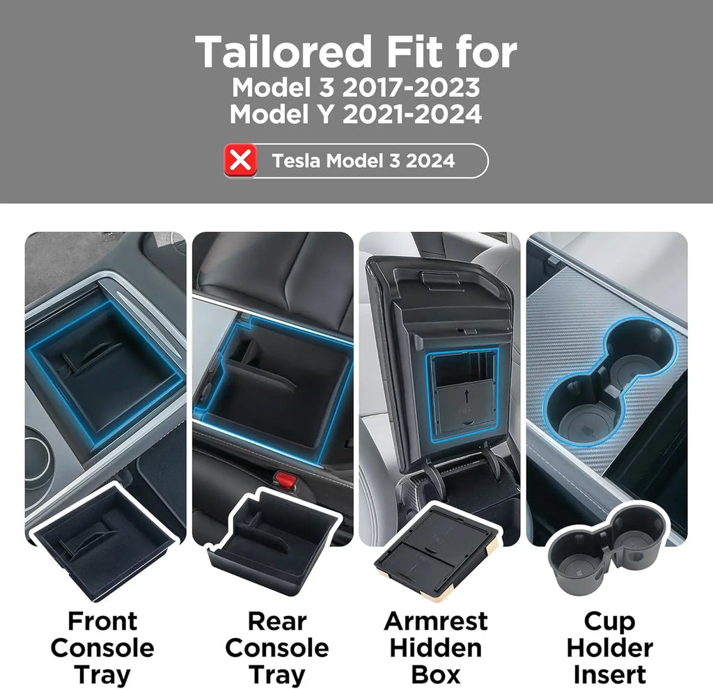 4-Piece Center Console Organizer Set for Model 3 (2017-2023) & Model Y