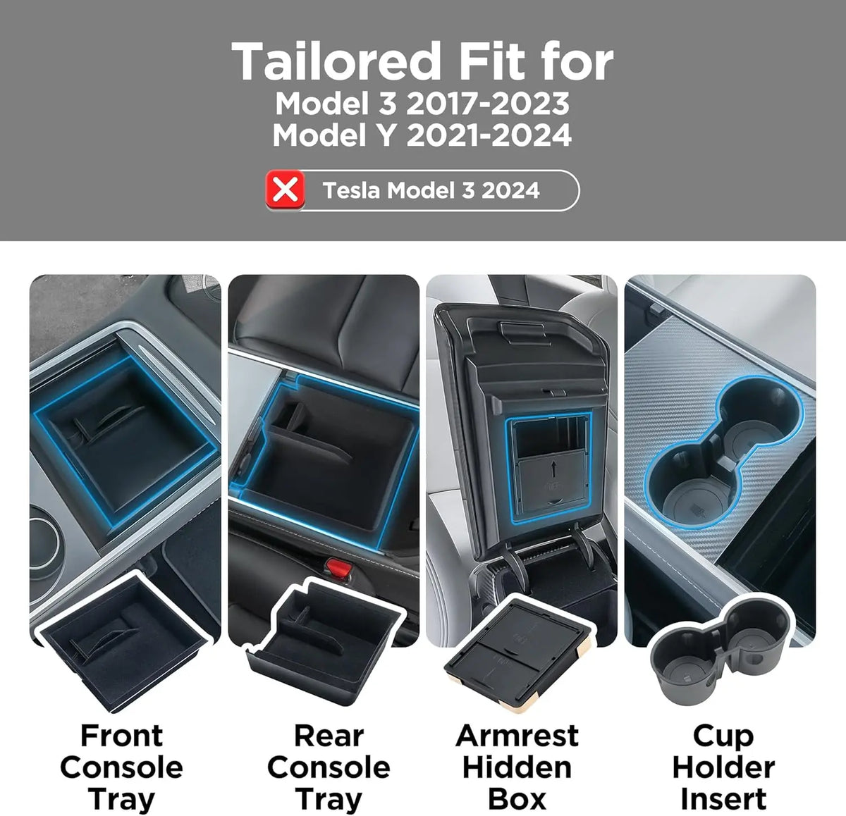 4-Piece Center Console Organizer Set for Model 3 (2017-2023) & Model Y